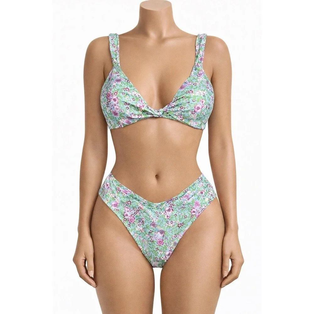 Womens‎ Ruched Swimsuits Bikini Set High-Cut Bottom Small Green Floral Stretch
